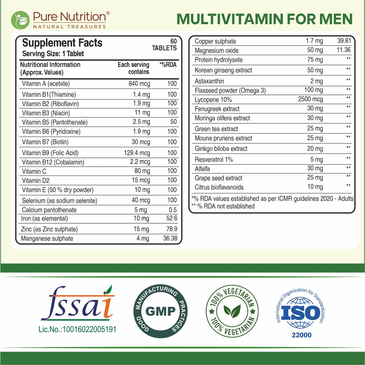 Multivitamin for Men - 60 Vegetarian Tablets | Daily Wellness with 32+ Vitamins, Minerals, and Herbal Extracts