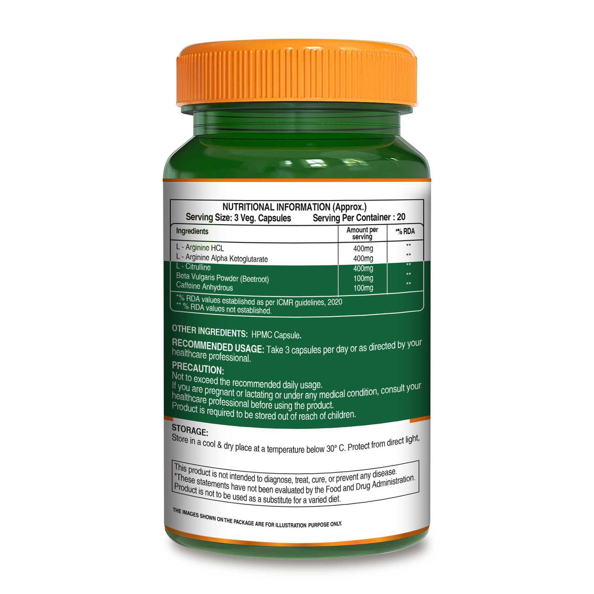Nitric Oxide Booster  L-Arginine, L-Citrulline & Caffeine | 60 Veg Capsules