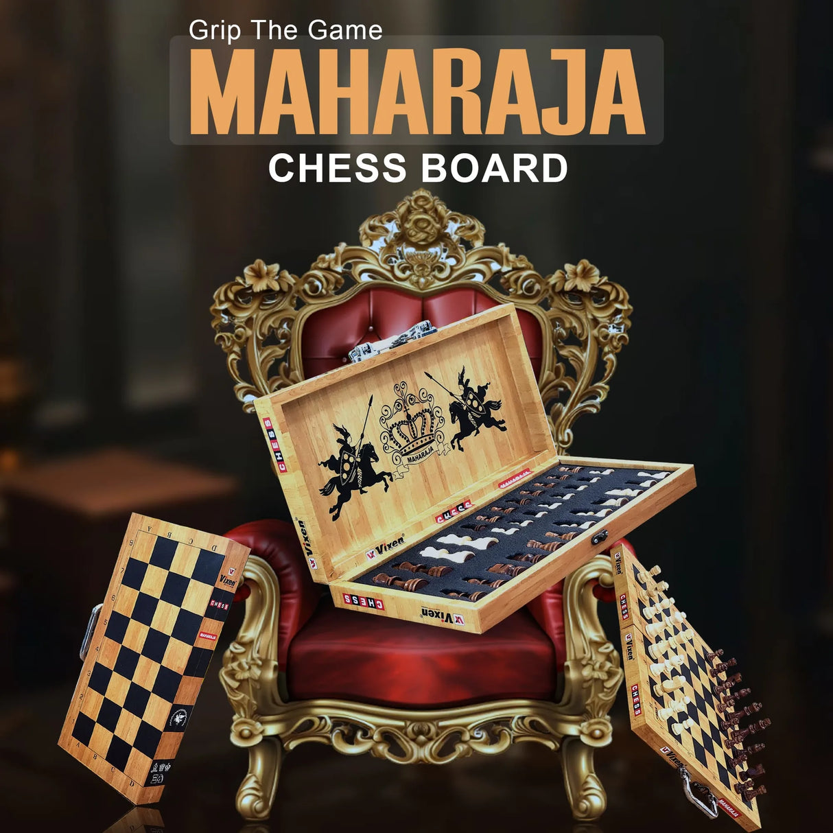 VIXEN CHESS BOARD FOLDABLE MAHARAJA WOOD COINS SMALL PINE