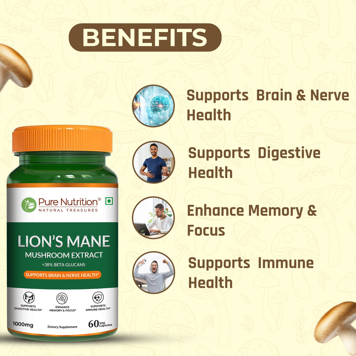 Lion's Mane Mushroom Extract 1000mg 38% Beta-Glucans | Brain & Cognitive Health