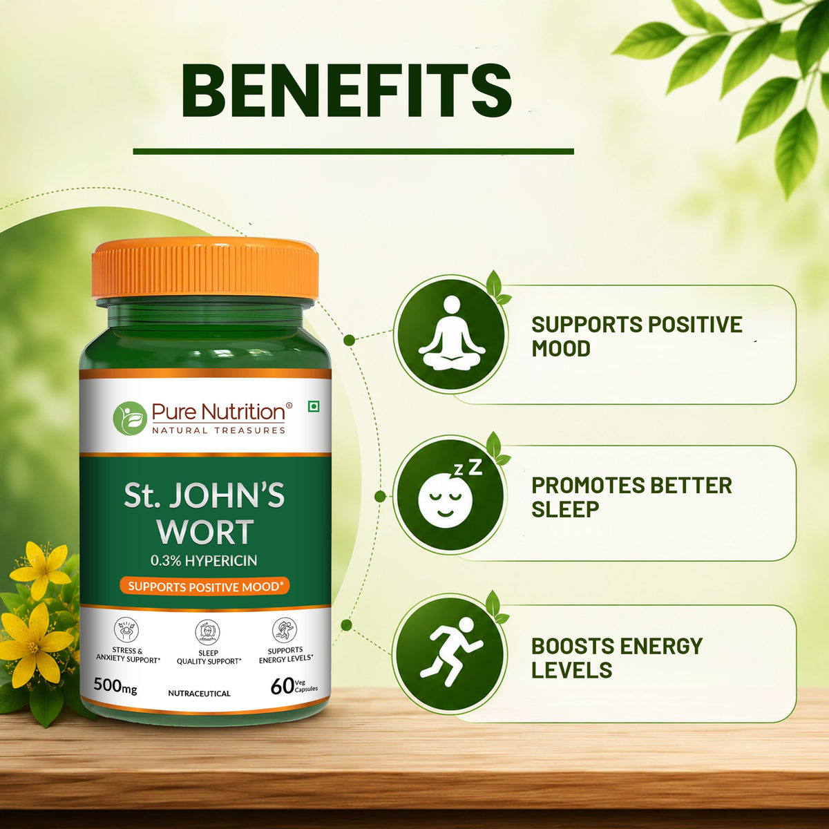 St. John's Wort 500mg Capsules | Standardized to 0.3% Hypericin | Herbal Wellness Supplement