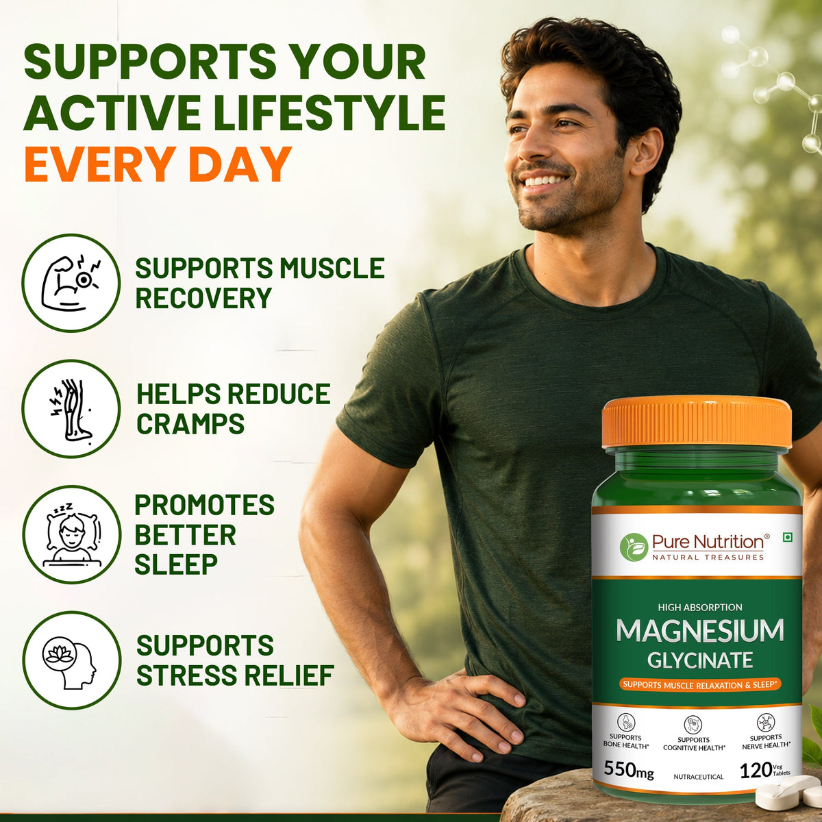 Magnesium Glycinate 550mg – High Absorption | Sleep, Stress & Muscle Health | 60Tablets| 120 Tablets