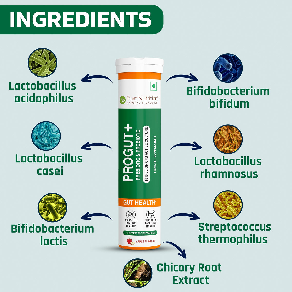Progut Plus Probiotic Effervescent Tablets – 9 Strains + Prebiotic | 15 Tablets