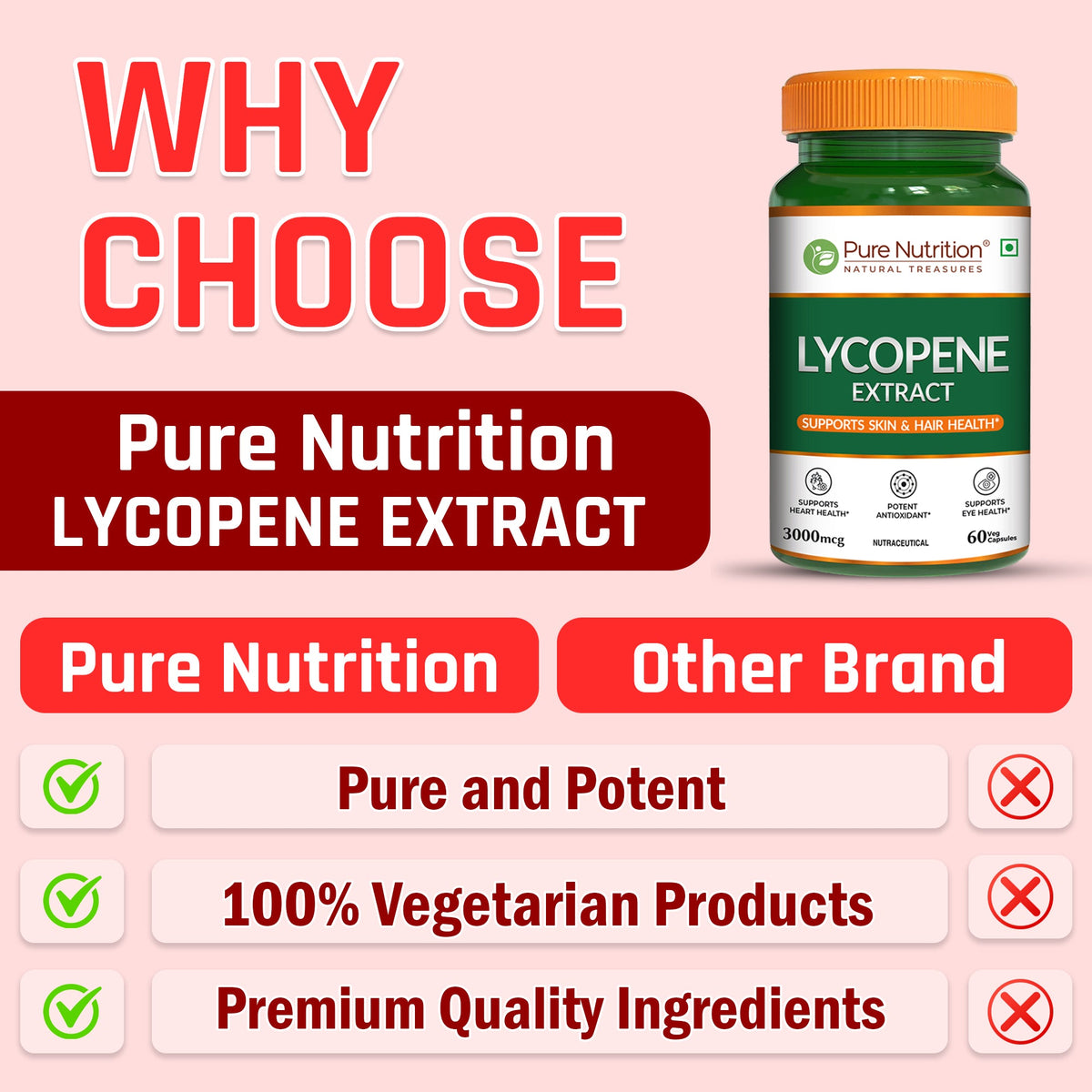 Lycopene Extract 3000 mcg  Skin, Hair, Eye & Antioxidant Support | 60 Caps