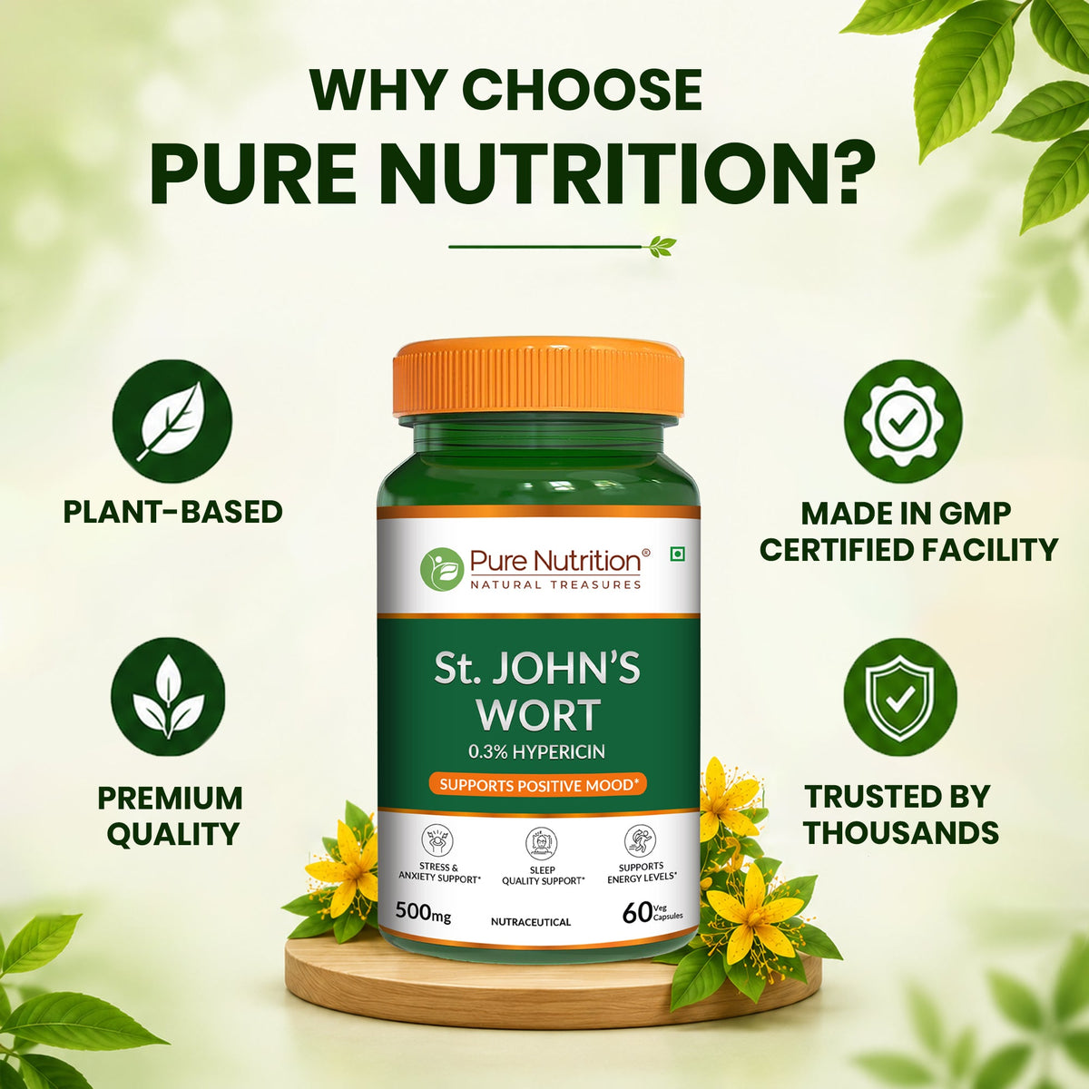 St. John's Wort 500mg Capsules | Standardized to 0.3% Hypericin | Herbal Wellness Supplement