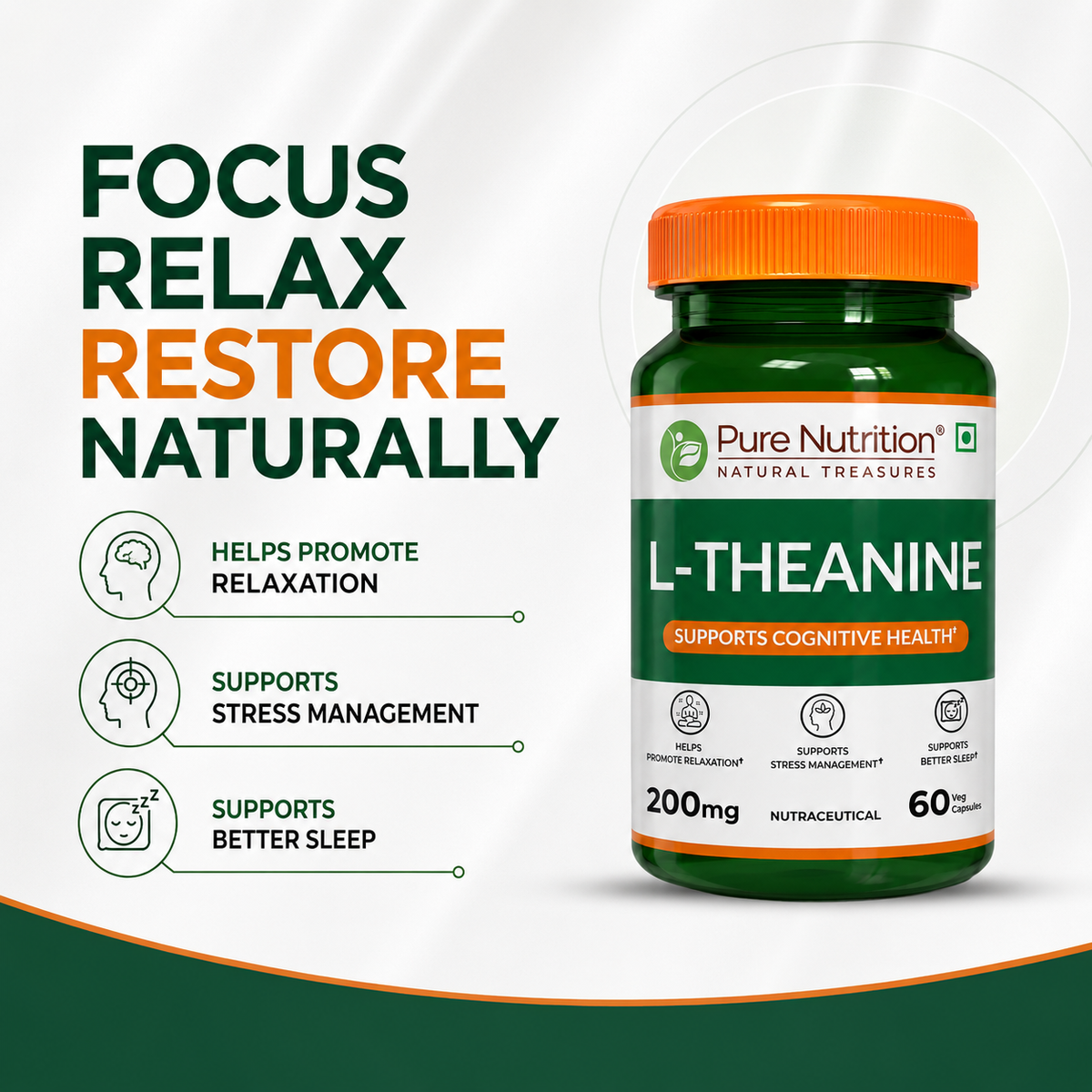 L-Theanine 200mg | Supports Calmness, Focus & Cognitive Function | 120 Veg Tablets
