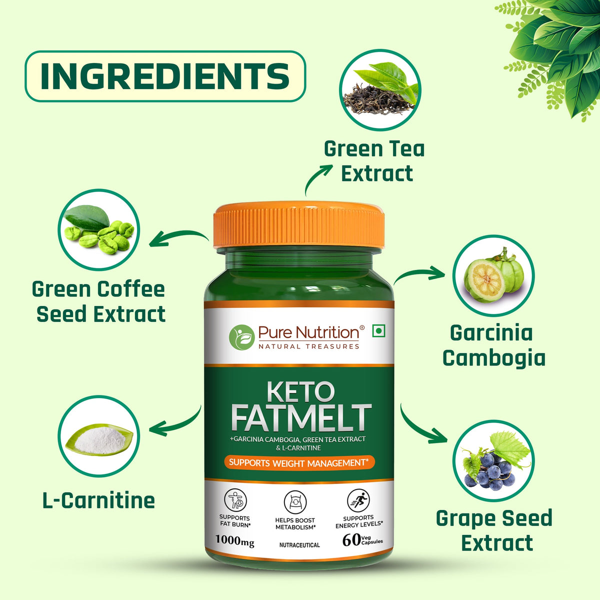 Keto Fatmelt  Garcinia Cambogia, Green Tea & L-Carnitine | Weight Support - Nutrition by Pure Nutrition