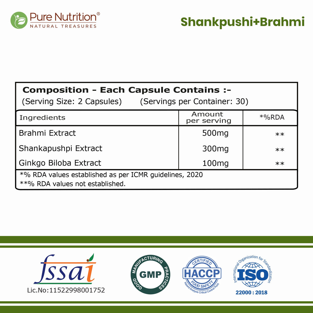 Brahmi + Shankhpushpi + Ginkgo Biloba | 900mg | 60 Veg Capsules