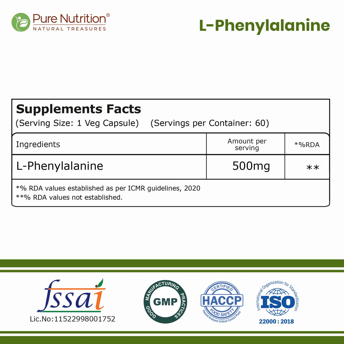L-Phenylalanine 500 mg | 60 Vegetarian Capsules