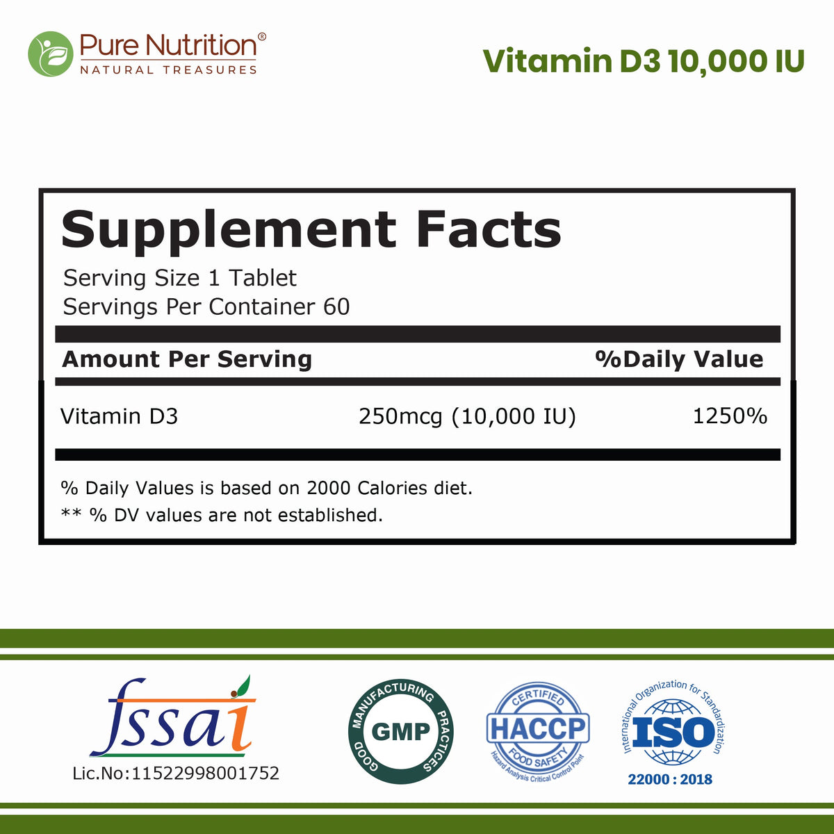 Vitamin D3 10,000 IU | 250 mcg Vitamin D3 | 60 Vegetarian Tablets