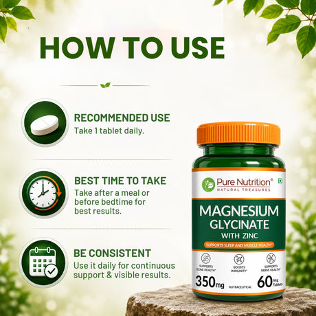 Magnesium Glycinate with Zinc 350mg – Sleep Support, Muscle Relaxation & Bone Health Tablets | 60 Tablets