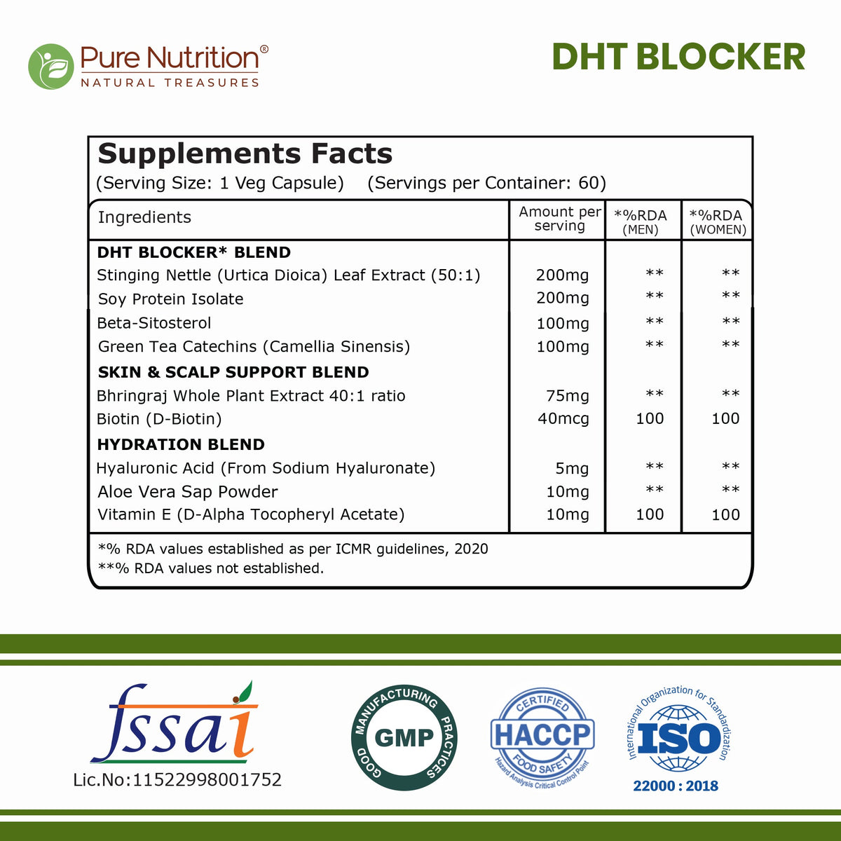 DHT Blocker with Biotin, Hyaluronic Acid & Stinging Nettle Extract | Hair & Scalp Support | 700 mg | 60 Veg Tablets