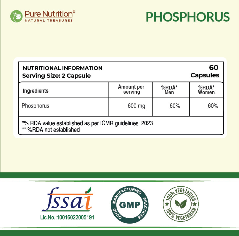 Phosphorus 600mg Veg Capsules  Bone, Energy Metabolism & Wellness | 120 Capsules