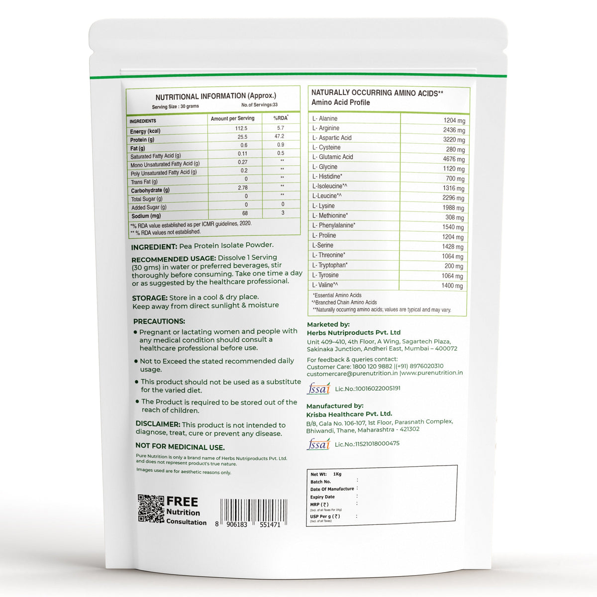 Pea Protein Isolate Powder 1kg  25.5g Protein | Vegan & Dairy-Free