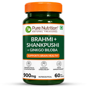 Brahmi + Shankhpushpi + Ginkgo Biloba | 900mg | 60 Veg Capsules - Nutrition by Pure Nutrition