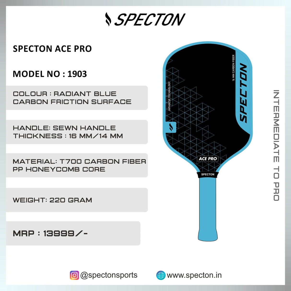Specton Ace Pro 14mm Pickleball Paddle (Blue)