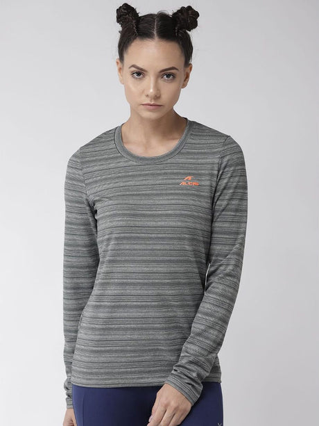 Alcis Women Grey Striped Round Neck T-shirt | Alcis