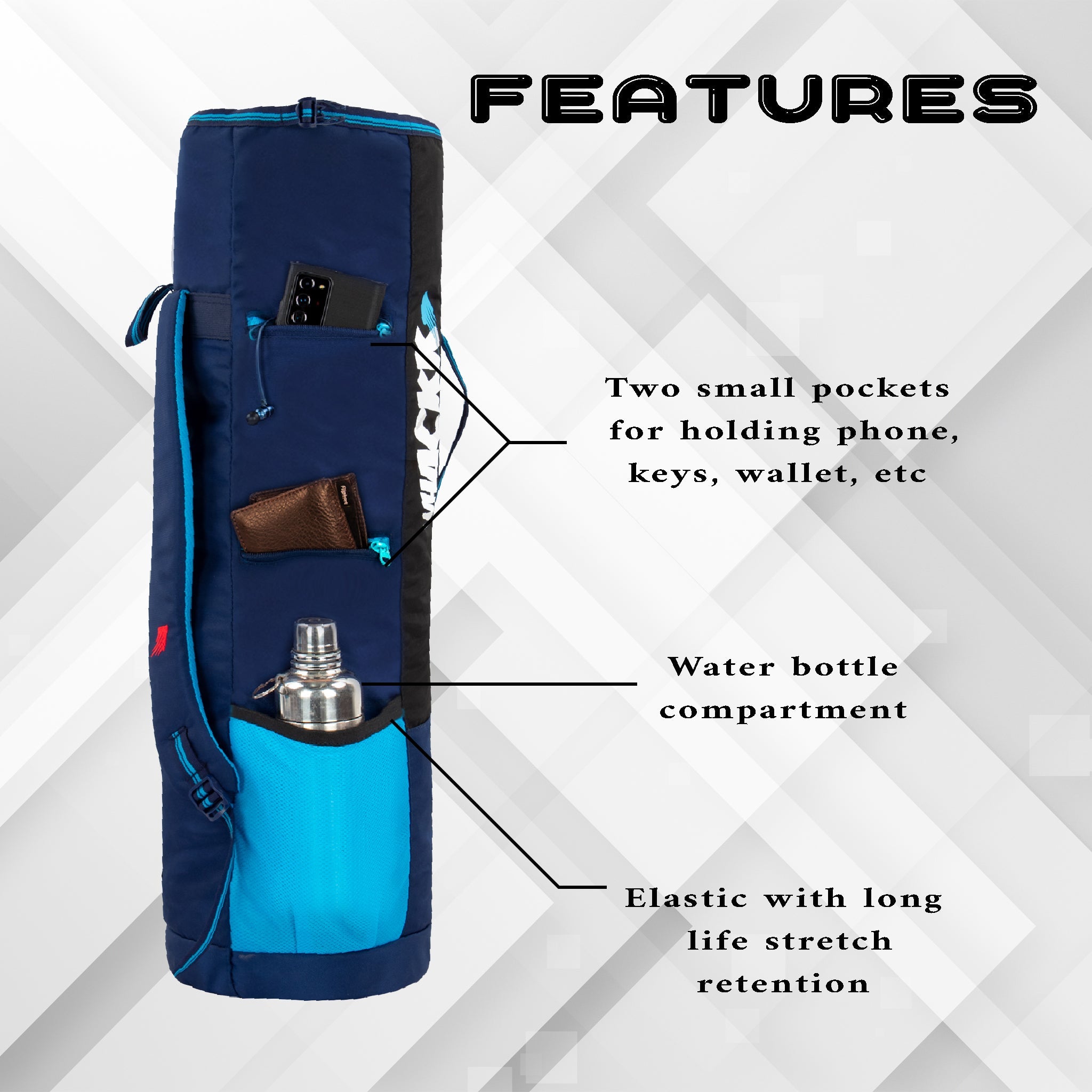 Brute Blue Black Unisex Yoga Aerobics Gym Mat Bags Air Ventilated Pocket for Shoes, Front & Top Open, Carry Way with 3-Way Options i.e. Backpack, Holdall or with a Loop