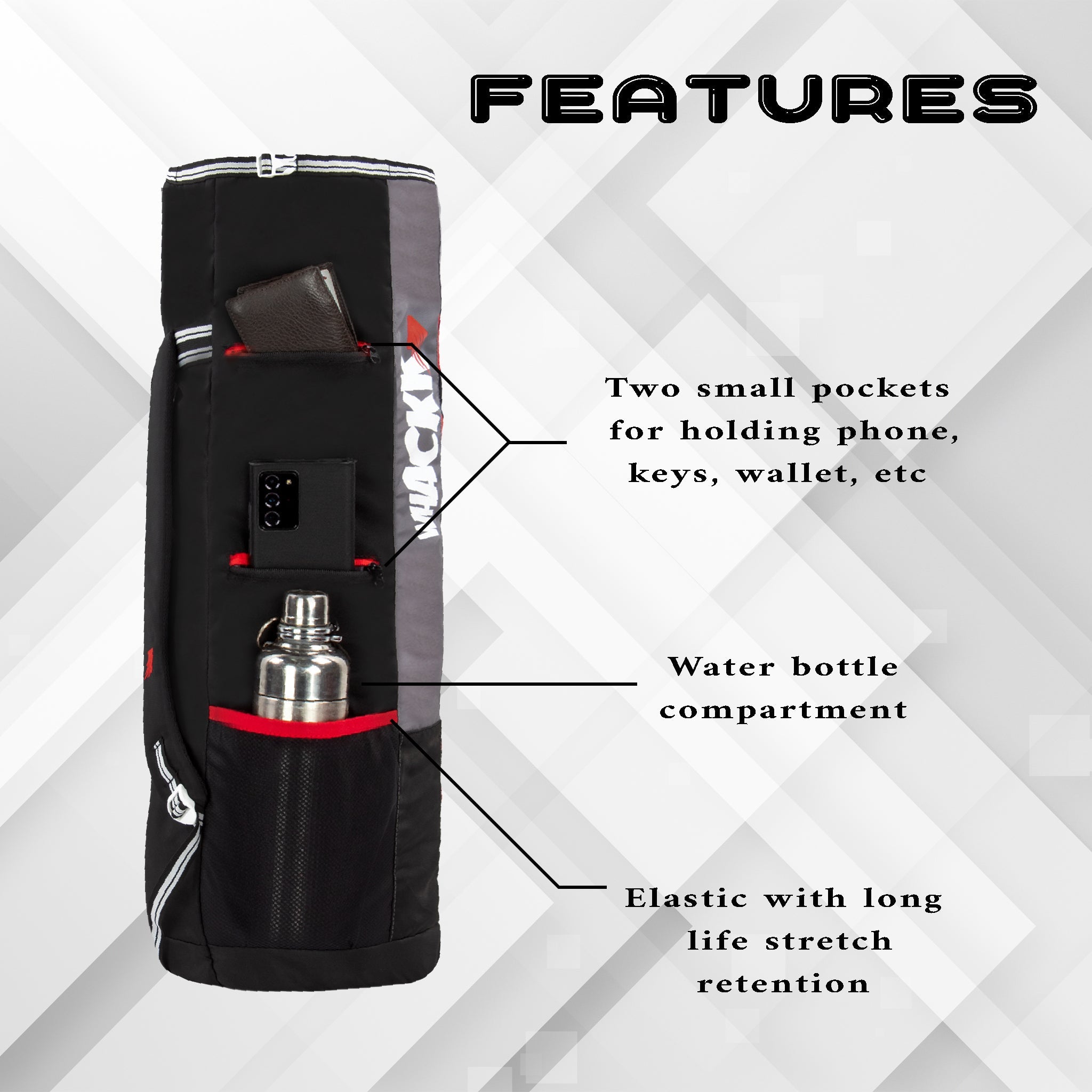 Brute Black RedUnisex Yoga Aerobics Gym Mat Bags Air Ventilated Pocket for Shoes, Front & Top Open, Carry Way with 3-Way Options i.e. Backpack, Holdall or with a Loop