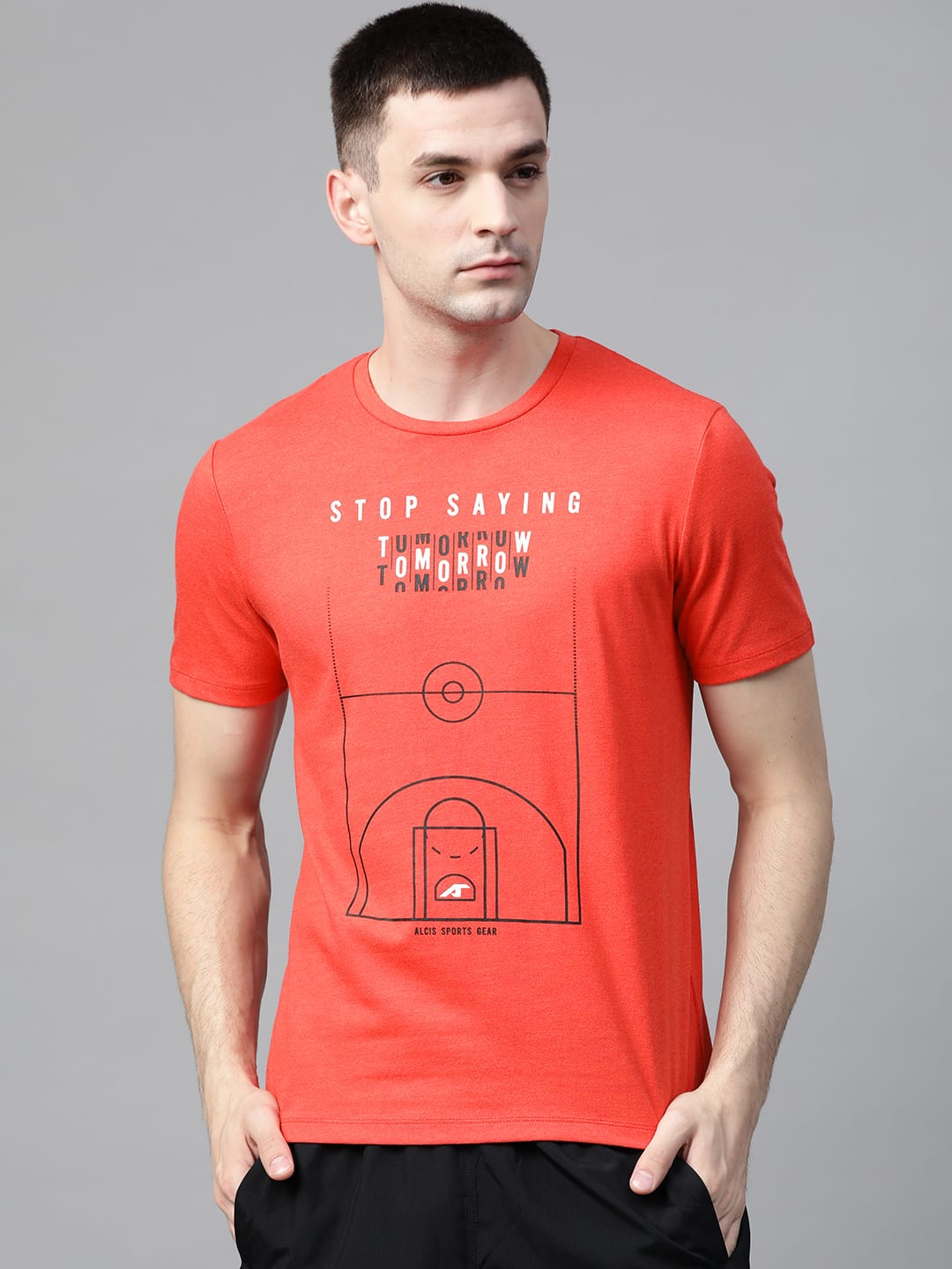 Alcis Men Coral Red Black Printed Round Neck T-shirt