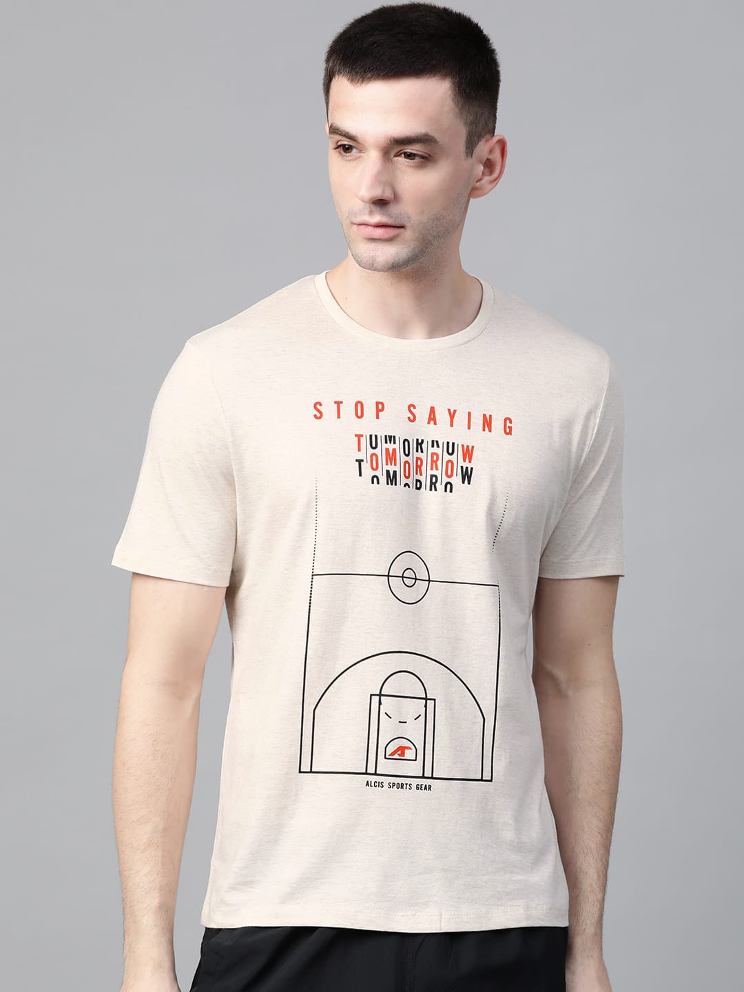 Alcis Men Off-White Black Printed Round Neck T-shirt