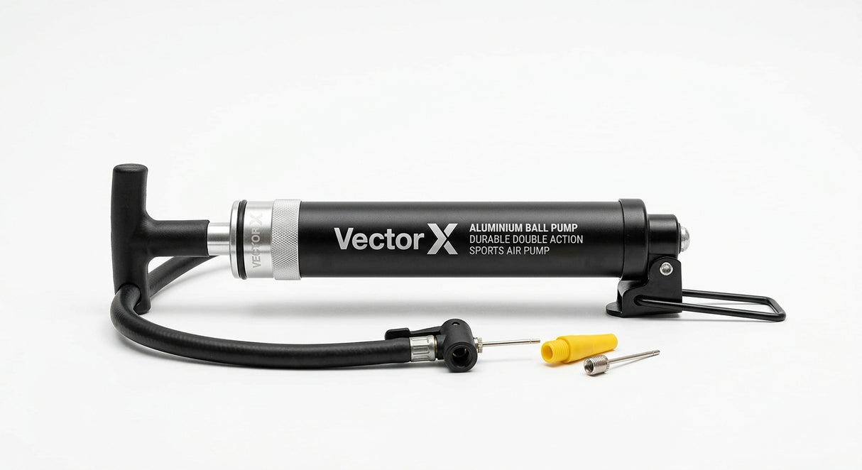 Vector X Aluminium Ball Pump – Durable Double Action Sports Air Pump with Needle & Nozzle - studio shot