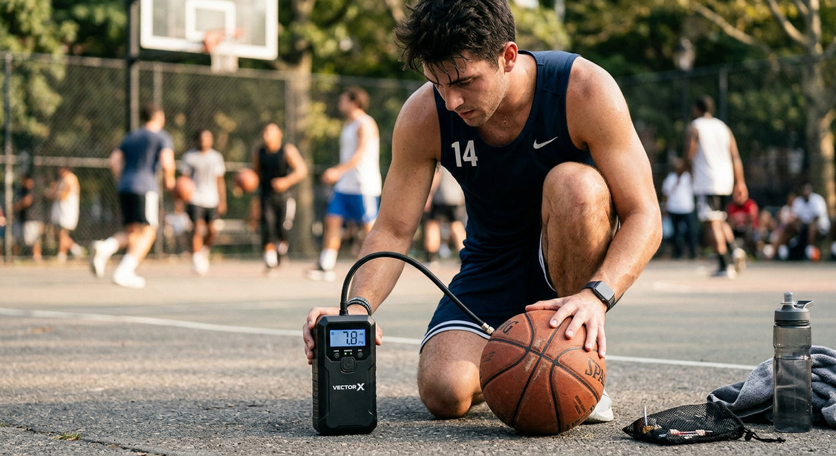 Vector X Electric Air Ball Pump, Ball Pump for Sports Ballswith LCD Display,2000 MAH Power, Chargebale Battery, Automatic, Air Pumps for Soccer Basketball Volleyball Rugby with Needles Accessories - lifestyle shot