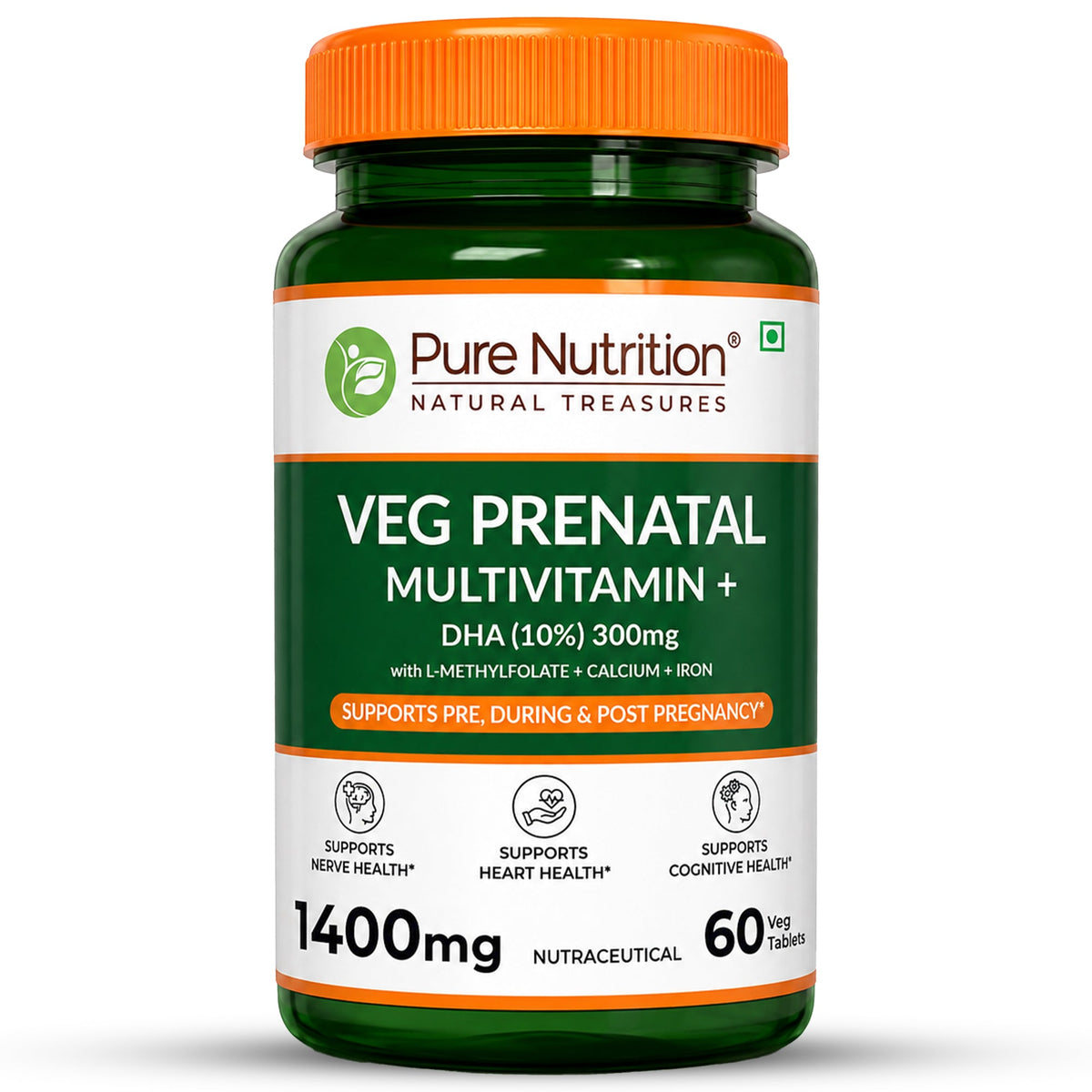 Veg Prenatal Multivitamin + DHA 300mg | With L-Methylfolate, Iron & Calcium | 60 Veg Tablets - Nutrition by Pure Nutrition