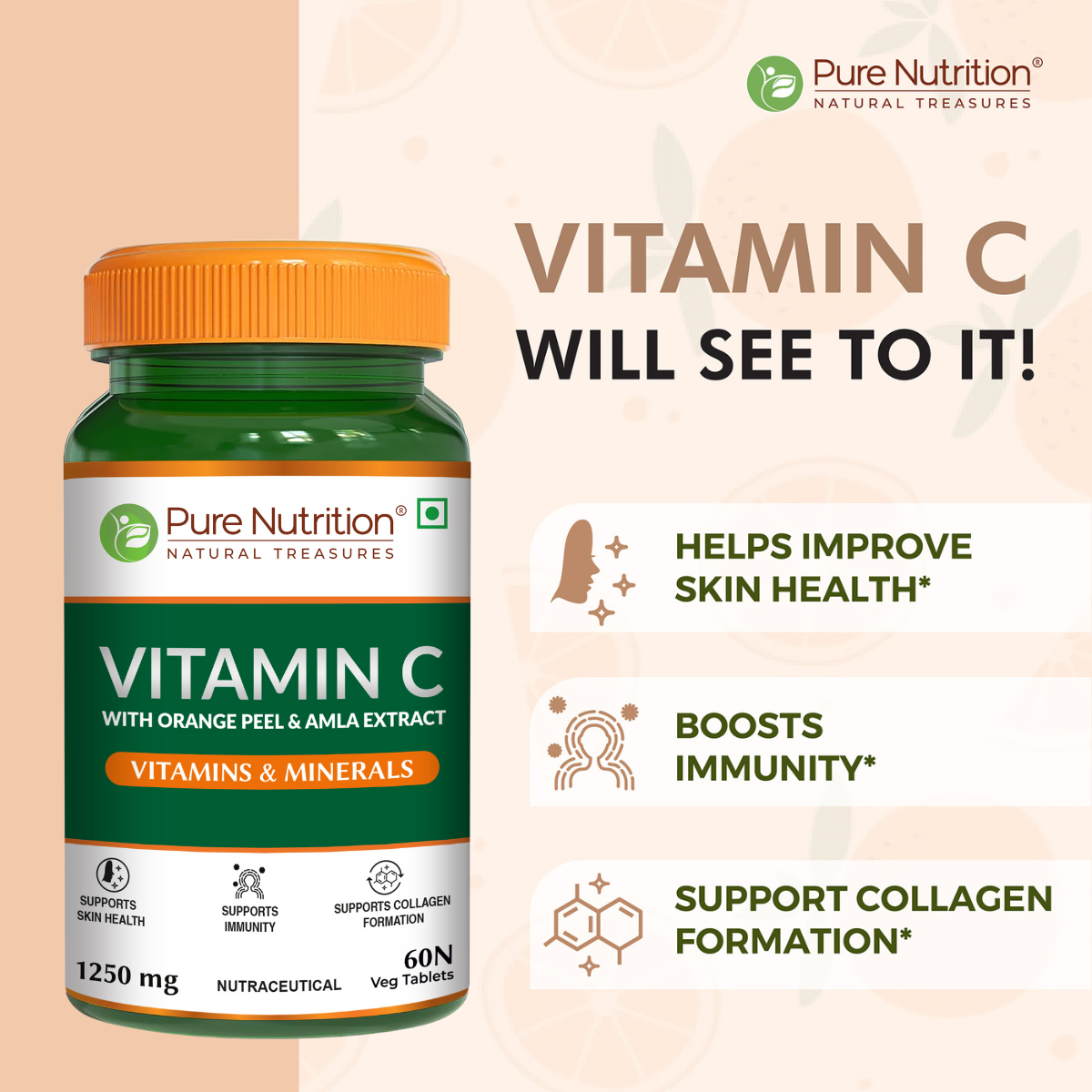 Vitamin C with Amla & Orange Peel 1250mg Immunity & Skin Health | 60 Tabs