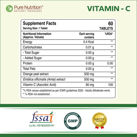 Vitamin C with Amla & Orange Peel 1250mg Immunity & Skin Health | 60 Tabs