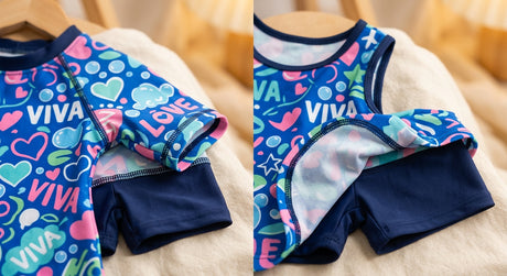 VIVA Swimming LOVE sublimated pattern, ared A-line Half sleeve Top paired with attached boy leg sublimated pattern, ared A-line sleeveless Top paired with attached boy leg - detail shot