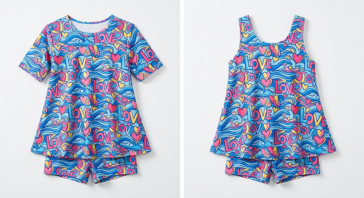 VIVA Swimming LOVE sublimated pattern, ared A-line Half sleeve Top paired with attached boy leg sublimated pattern, ared A-line sleeveless Top paired with attached boy leg - studio shot