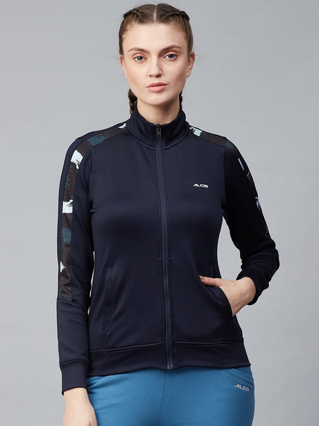Alcis Women Navy Blue Solid Front-Open Sweatshirt With Printed Sleeves | Alcis