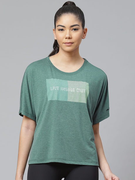 Alcis Women Green Printed Slim Fit Round Neck T-shirt | Alcis