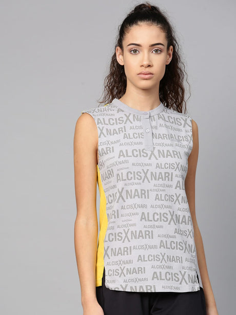 Alcis Women Grey Yellow Printed Henley Neck Outdoor T-shirt
