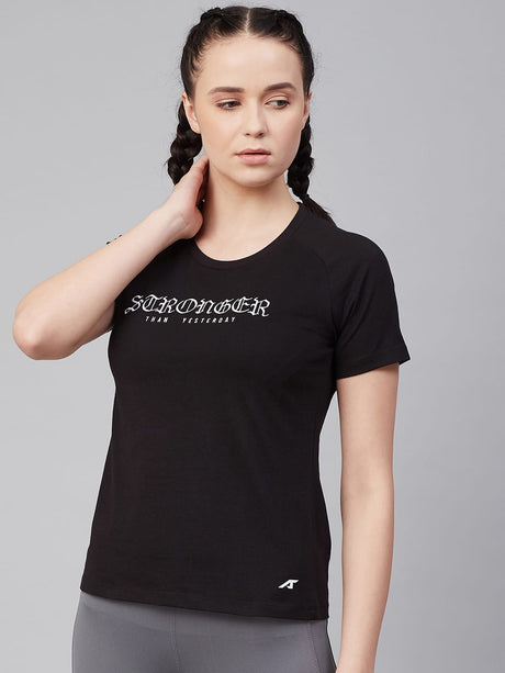 Alcis Women Black Embroidered Detail Round Neck Slim Fit Training T-shirt | Alcis