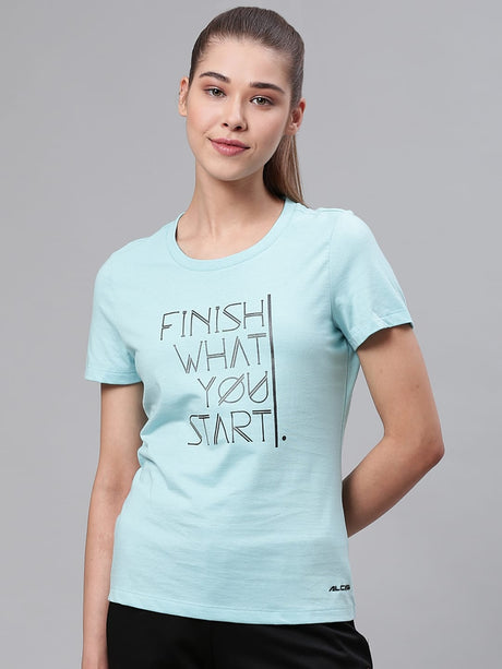 Alcis Women Blue Black Printed Round Neck Sports T-shirt | Alcis