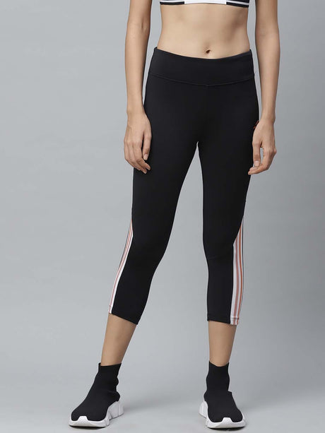 Alcis Women Black Striped Detail Fitted Training Three Fourth Tights | Alcis