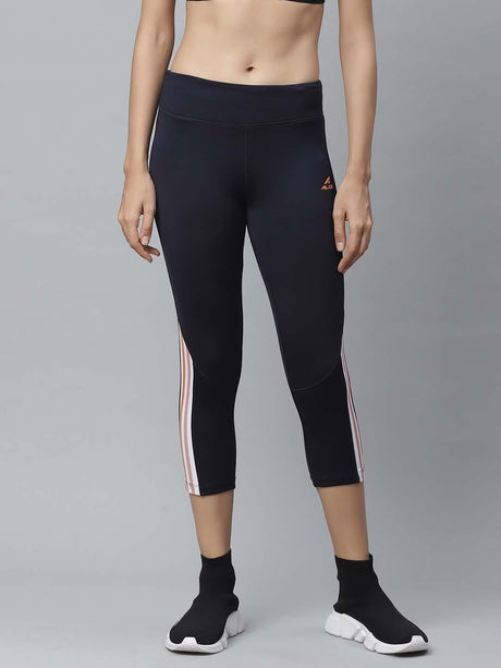 Alcis Women Navy Blue Striped Detail Fitted Training Three Fourth Tights | Alcis
