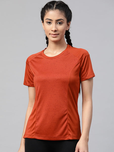 Alcis Women Rust Orange Printed Slim Fit Round Neck Tennis T-shirt | Alcis