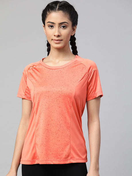 Alcis Women Coral Orange Printed Round Neck Tennis T-shirt | Alcis