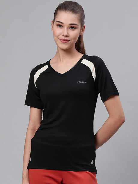 Alcis Women Black Slim Fit Solid Running T-shirt | Alcis