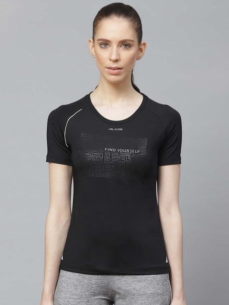Alcis Women Black Slim Fit Printed Anti-Viral Training T-shirt | Alcis