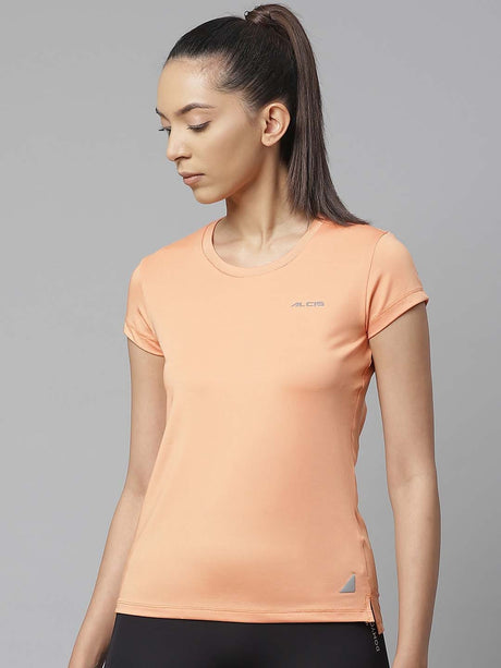 Alcis Women Peach-Coloured Slim Fit Solid Round Neck Running T-shirt | Alcis