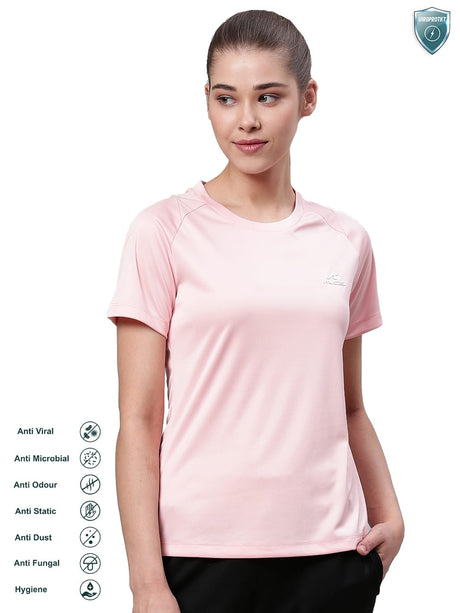 Alcis Women Pink Solid Round Neck VIROPROTKT Training T-shirt | Alcis