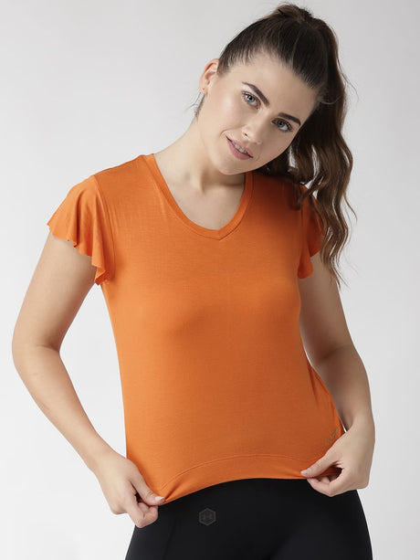 Alcis Women Orange Solid V-Neck T-shirt | Alcis