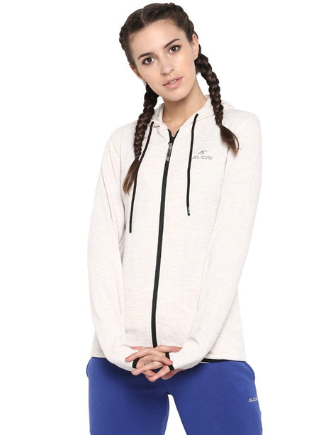 Alcis Women Cream-Coloured Ribbed Hooded Sporty Jacket | Alcis