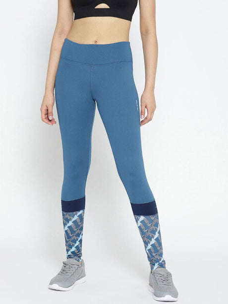 Alcis Women Teal Blue Solid Running Tights with Printed Detail | Alcis