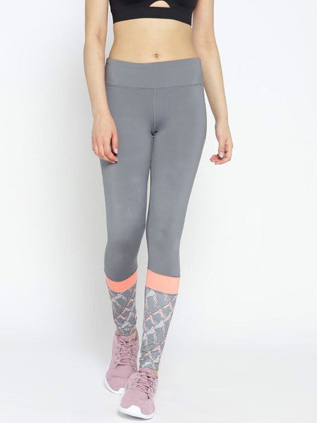 Alcis Women Grey Solid Running Tights with Printed Detail | Alcis