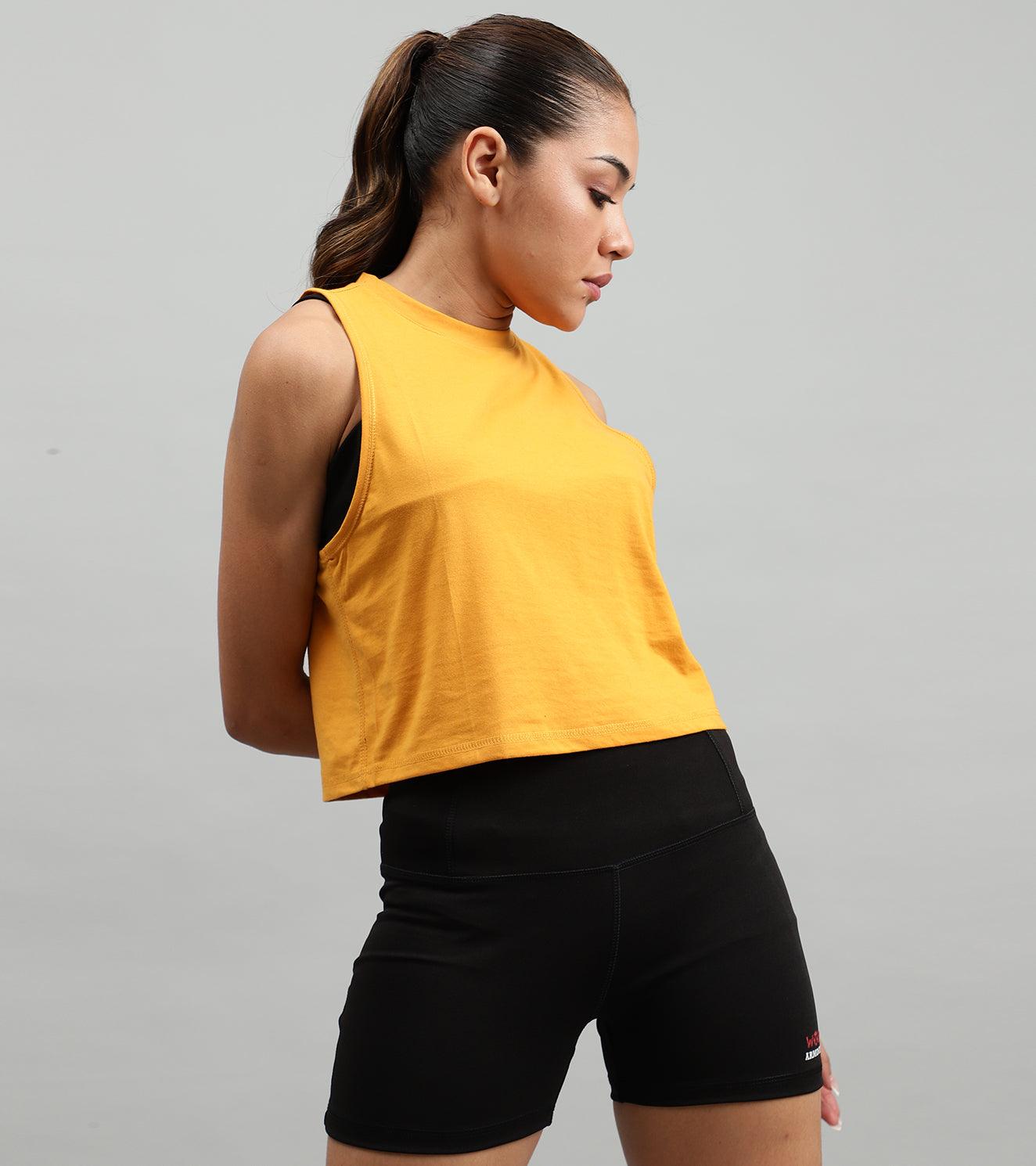 Women'S Crop Muscle Tank Top Mustard Wod Armour Kibi Sports